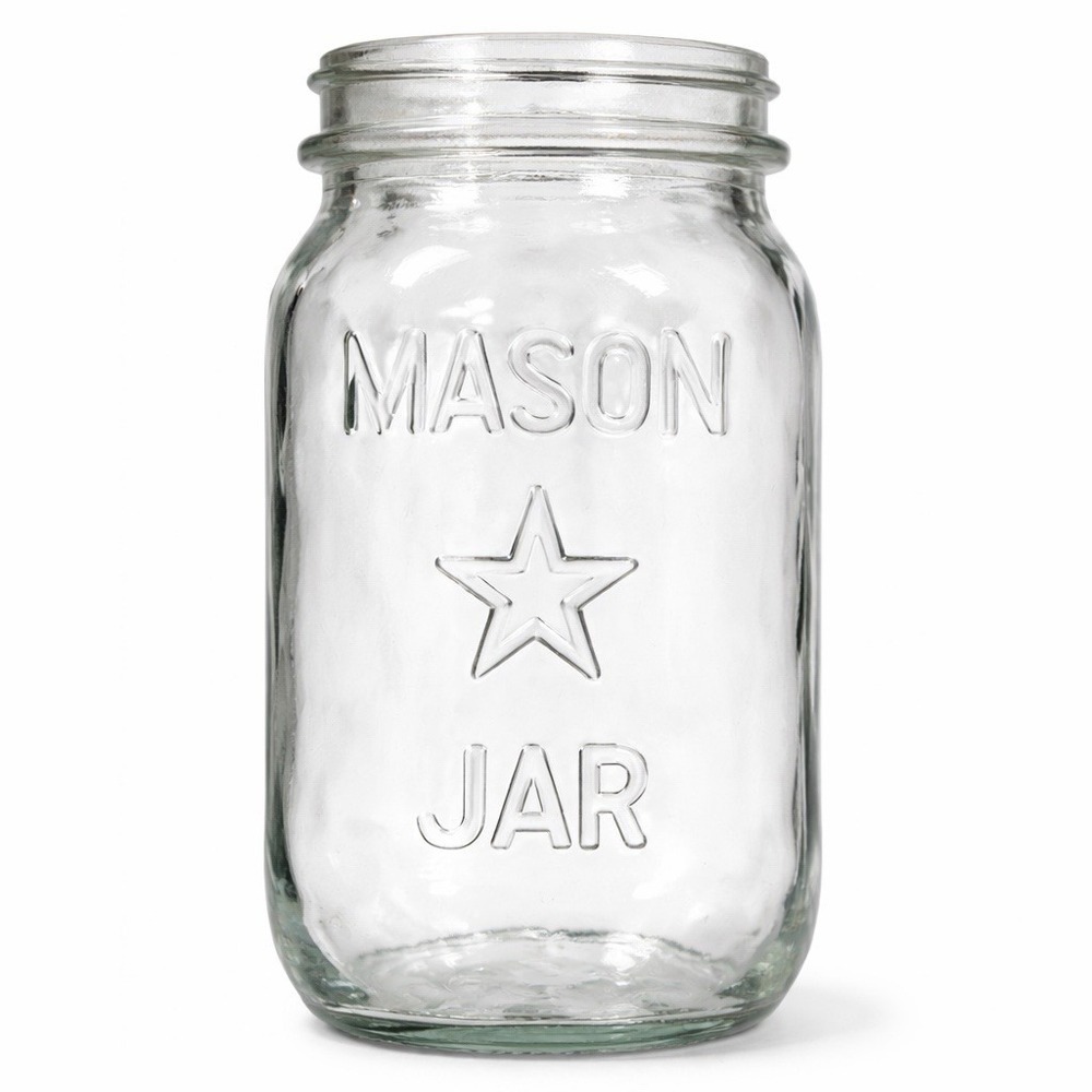 Vtg Clear‎ Glass 1 qt STAR Mason Jar Embossed Rustic Farmhouse Wedding Decor